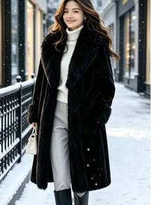 Women's Elegant Faux Fur Collar Jacket For Winter Black - Black - View 2