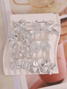 12PCS Premium Silver CCB Earrings Leaf Shell Flower Square Multi-Piece Set Vintage Luxury Ear Jewelry - Silver - View 3