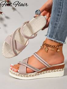 Foot Flair 大尺碼女款露趾厚底紫色涼鞋，舒適百搭沙灘度假穿搭，夏季 - 淡紫色 - 查看 3
