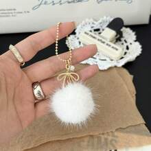 Gentle Style Bow Pearl Mink Fur Ball Bag Charm, Fine Chain Plush Ball Keychain Pendant, Sweet Girl Bag Decoration, Best Friend Birthday Holiday Small Gift - Multicolor - View 2