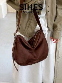 1pc Solid Color Suede Velvet New Women's Bag, Shoulder Bag, Crossbody Bag, Fashion Large Capacity Square Bag, Zipper Closure, Suitable For Commuting, Shopping, Dating, Shopping - Coffee - View 4