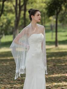 1pc 2m Long Tulle Shawl, Vintage Tassel Pearl Shawl, Bridal Shawl, Wedding Shawl, Arm Cover Accessory - Beige - View 1