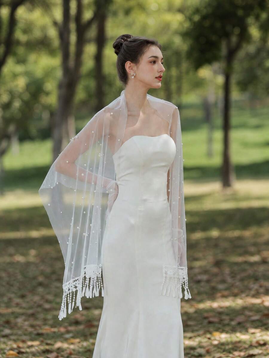 1pc 2m Long Tulle Shawl, Vintage Tassel Pearl Shawl, Bridal Shawl, Wedding Shawl, Arm Cover Accessory - Beige - View 1