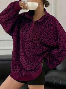 Plus Size Women Leopard Print Half Zip Loose Sweatshirt Casual Vacation Spring Red - Red - View 5