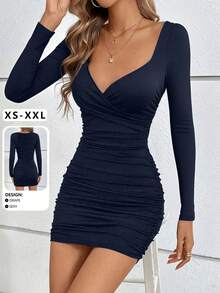 Elegant Ruched Waist Deep V-Neck Long Sleeve Mini Dress, New Arrival Spring/Summer - Navy Blue - View 4
