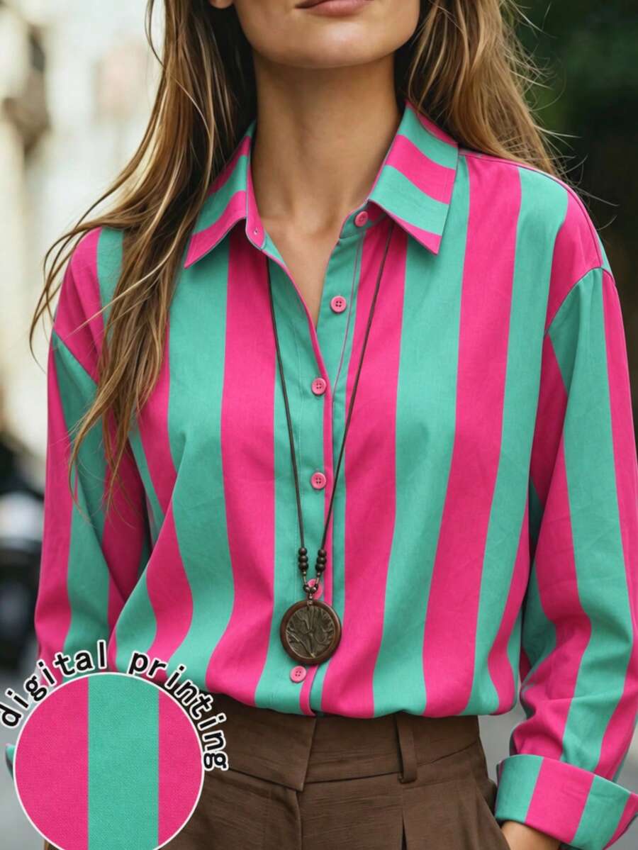 Blus Lengan Panjang Bergaris Elegan Kancing untuk Wanita Ukuran Besar, Cocok untuk Pakaian Sehari-hari di Musim Gugur - MultiWarna - View 1