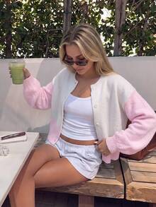 Nicenter Women's Fall Winter Casual Simple Color-Block Button Front Long Sleeve Wool Blend Cardigan Sweater, For Office Daily Home Date - Pink - View 1