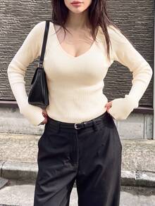 DONICY Sweater Rajut Pendek Wanita Warna Krem dengan Lengan Raglan Bergaris, Atasan Lengan Panjang Ramping dengan Lubang Jempol untuk Lapisan di Musim Semi dan Gugur - Aprikot - View 10