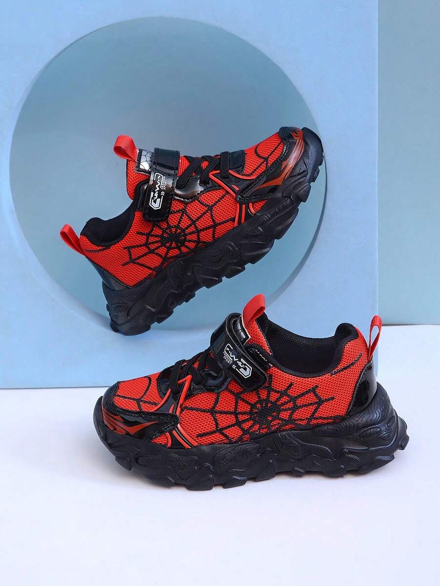 Fashionable Spider Web Mesh Breathable Sports Shoes, Suitable For Boys And Girls - Casual, Shock-Absorbing, All-Season Anti-Slip Outdoor Running And Walking Shoes - black red - View 1