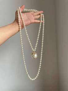1pc Elegant Luxury Faux Pearl Long Pendant Necklace, Suitable For Women's Daily And Party Wear, Ideal Gift For Friends - Off-white - View 7