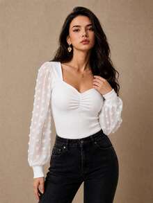 Women's Fashion Sweetheart Neck Bishop Sleeve Top, Elegant Ribbed Knit - White - View 7