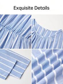 BIUBIU Women's Plus Size Striped Button Detailed Long Tunic Dress With Round Neck, Long Regular Sleeves, And Woven Fabric For Casual Or Modest Fall Wear - Blue - View 3