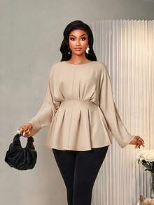 Plus Size Women's Woven Fabric Flared Hem Long Sleeve Blouse, Back Tie Design, Round Neck Slim Fit Top, Suitable For Autumn Wear - Light Khaki - View 8