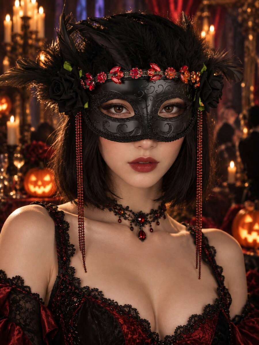 قناع تنكري أسود منقوش بتصميم ساحرة مظلمة مع أحجار الراين الحمراء وريش وردة سوداء وشرابات طويلة حمراء مزينة بالخرز، قوطي للهالوين والكوسبلاي والعروس المظلمة والكرنفال - الأسود - مشاهدة 1