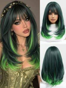Topshe 18 Inch Medium Length Layered Straight Hair Women's Wig, Dark Green Base With Bright Green Gradient, Full Bangs, Heat-Resistant Synthetic Fiber, Suitable For Anime Cosplay, Halloween, Festival, Nightclub And Short Video Shooting - Piano Color - View 3