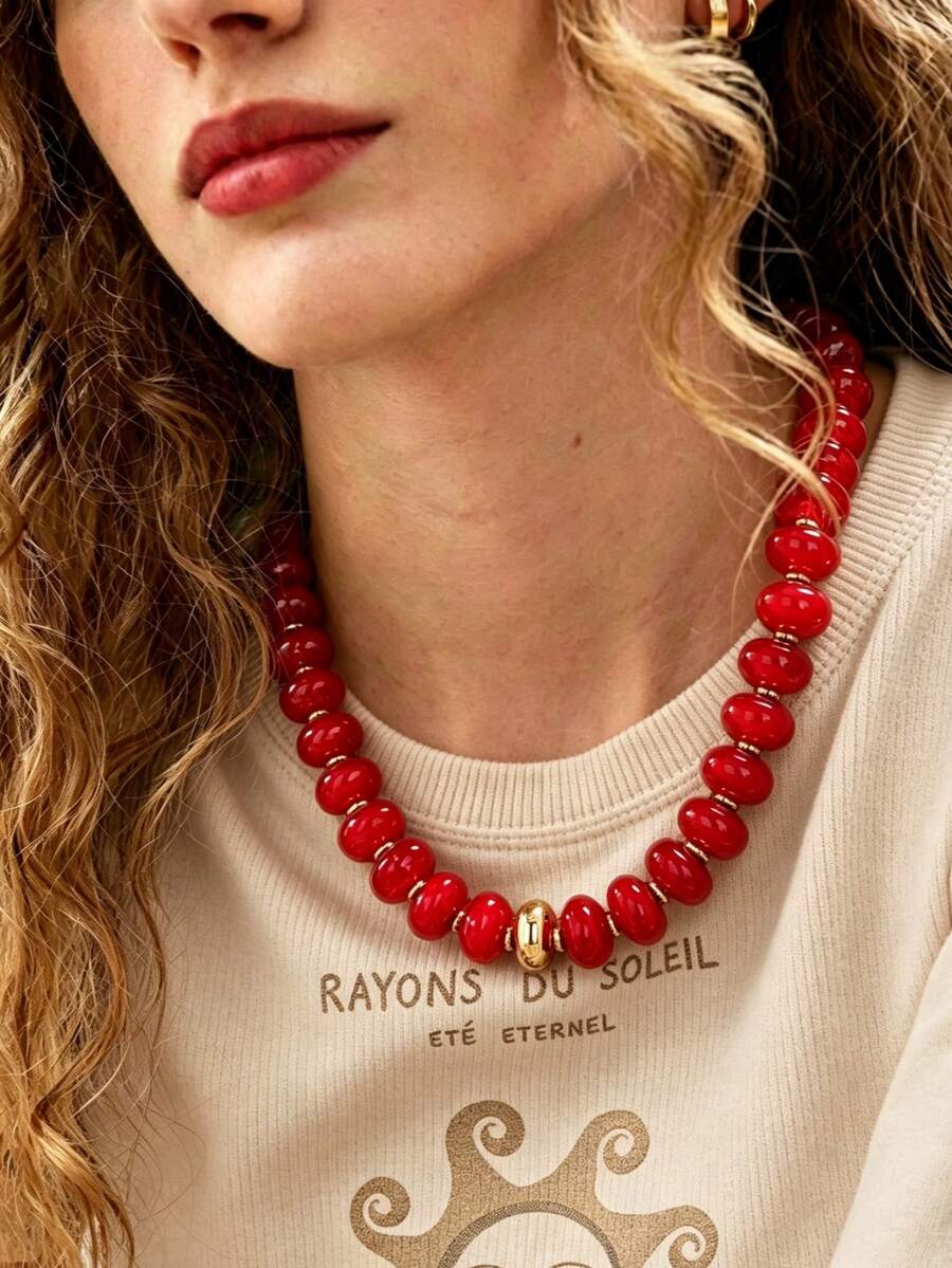 OABE 1pc Bohemian Style Flat Round Beaded Necklace With Single Gold Bead, Suitable For Women's Daily Wear, Multiple Colors Available - Flat Round CCB - View 1
