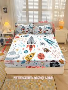 2/3PCS Cartoon Rocket UFO Fitted Sheet Set Soft Breathable Bedding For All Seasons Twin/Full/Queen 100% Polyester Machine Washable - Multicolor - View 16