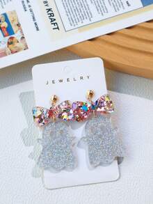 1 Pair Halloween Acrylic Glitter Bow & Ghost Patchwork Earrings, Cute Sweet Cool Girl Holiday Earrings - Multicolor - View 4