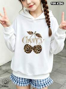 Kids Hoodie: Leopard Cherry Print & 'Cherry' Text, Loose Fit, Breathable & Comfortable, Casual Cute Style For Spring/Autumn Daily Wear & Outdoor - White - View 4