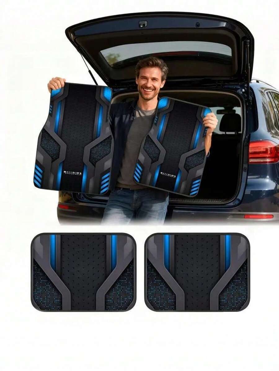 4pcs Blue And Black Tech Style Printed Car Floor Mats, Universal Automotive Interior Mats, Durable, Suitable For Various Sedan And SUV Models, Car Decorative Mats, Wear-Resistant And Anti-Slip, Automotive-Specific Floor Mats, Ideal Choice - A - View 1