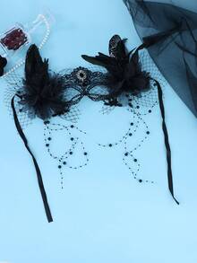 Gothic Black Lace Feather Masquerade Mask Black Gem Beaded Tassel Halloween Cosplay Dark Bridal Wedding Carnival Party - Black - View 3