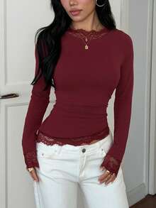 Women's Red Round Neck Long Sleeve Lace Patchwork Top - Red - View 3