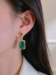 1 Pasang Anting Batu Permata Zamrud Berkilau, Anting Berlian Mewah Kelas Atas - Dark Green - View 1