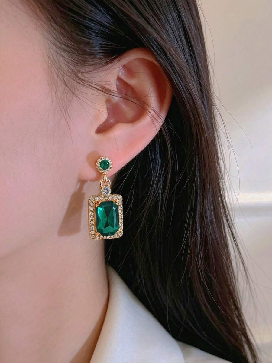 1 Pasang Anting Batu Permata Zamrud Berkilau, Anting Berlian Mewah Kelas Atas - Dark Green - View 1