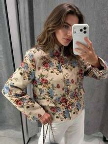 Women's Vintage Jacquard Jacquard Jacket, Elegant Autumn/Winter Stand Collar Short Jacket - Apricot - View 3