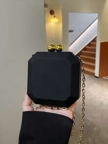Matte Multi-Faceted Cut Design Clutch Bag, Gold Bead Buckle And Metal Chain Decor, Mini Body Can Hold Lipstick And Other Small Items, Bead Buckle Closure, Luxury Delicate Style Hard Shell Square Box Bag - Black - View 8