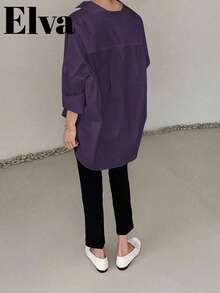 VELLA Women's Autumn Elegant Loose 3/4 Sleeve Rolled Cuff Plus Size Shirt, Commute, Back To School, Outing, Casual - Purple - View 4