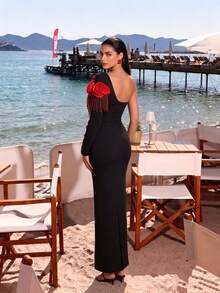 Elegant Black One-Shoulder Long Sleeve Dress, Decorated With Sexy 3D Red Roses And Beaded Tassels, Medium Stretch Knit Fabric, Suitable For Party Wear. - Black - View 6