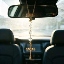 1pc. Rhinestone Cross Car Pendant, Cut Crystal Beads With Golden Chain, Protecting Your Every Journey, Bag And Home Dual Use Holiday Gift - Cross - View 4
