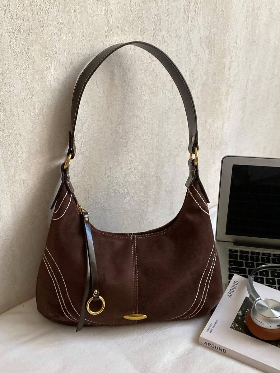 Women's Bohemian Style Shoulder Bag, Solid White Faux Leather, Contrast Stitching, Gold Hardware, Adjustable Strap, Vintage Style, Autumn/Winter Daily Use - Coffee - View 1
