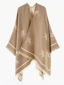 1pc Men's Vintage Ginkgo Leaf Jacquard Tassel Knit Cape Shawl, Thickened Open Front Warm Wool-Like Wrap Cloak Coat - Multicolor - View 4