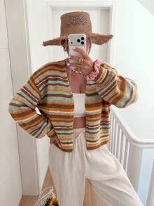 Rainbow Striped Knit Cardigan, Buttonless V-Neck Dropped Shoulder Long Sleeve Loose Soft Fuzzy Texture Women's Autumn/Winter Holiday Daily Casual Sweater Jacket - Mocha Brown - View 3