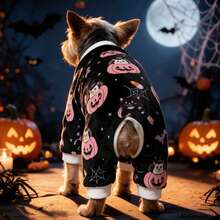 Opjoys 1pc Halloween Pumpkin & Bat Print Dog , Soft Cute Healing Style Skin-Friendly Knitted Four-Legged Design Round Neck Ribbed Cuff Warm Belly Protection Anti-Shedding Pet Home Wear Spring Autumn Daily - Black - View 4