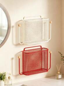 1pc Wall-Mounted Storage Basket, Minimalist Metal Mesh Rectangular Storage Basket With Side Hooks, No-Drill Wall Hanging Rack, Suitable For Bathroom, Bedroom, Dorm, Home Daily Storage - Multicolor - View 7