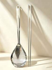 1pc/2pcs Large Stainless Steel Kitchen Strainer, Round Hole Oil Draining Skimmer, Home Cooking Noodle Filter, Catering Deep Fry Chopsticks, Dumpling Scoop, Noodle Strainer, Oil Draining Filter Grid - Silver - View 10