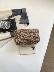 豹紋時尚多功能絎縫刺繡格紋加厚化妝包，學生鉛筆袋，菱格紋燈芯絨休閒手拿包，保暖羽絨小包 - 棕色 - 查看 4