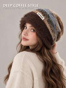 Women's Multi-Color Striped Loose Knit Beanie, Soft & Warm Winter Casual Street Style Headwear - Hat - View 3