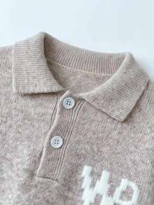 Boys' Letter Jacquard Knit Pullover, Polo Collar Half-Button Loose Long Sleeve Sweater, Autumn Children's Top - Camel - View 6
