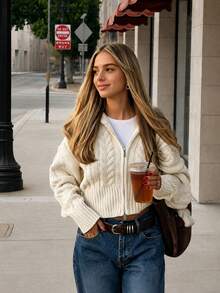 Autumn/Winter New Vintage Oversized Lapel Double Zipper Cable Knit Cardigan, Loose Drop Shoulder Casual Short Commuter Sweater - Apricot - View 6