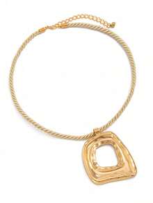 1pc Gold Twisted Rope Chain Necklace, Hammered Open Square Hollow Pendant Vintage Women's Necklace - Irregular Necklace - View 6