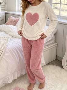 Autumn/Winter Casual Soft Plush 2 Pieces Pajama Set, Round Neck Heart Embroidery Long Top & Loose Wide Leg Pants, Warm Winter Loungewear - Pink - View 6