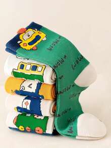 5 Pairs Spring/Autumn/Winter Children's Socks, Suitable For 1-16 Years Old Boys, Fashionable Cute Cartoon Car Color-Block Striped Letter Mid-Calf Socks, Breathable And Comfortable, Suitable For Daily Wear/Vacation Outfit/School Outfit - Multicolor - View 3