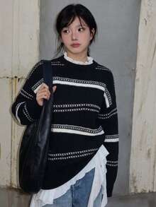 OJOK Korean Style New Round Neck Contrast Color Striped Loose Casual Women's Sweater - Black - View 1