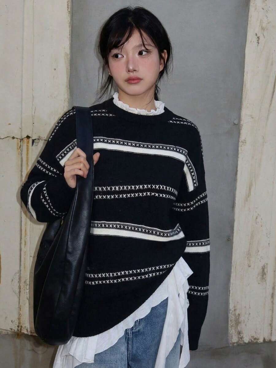 OJOK Korean Style New Round Neck Contrast Color Striped Loose Casual Women's Sweater - Black - View 1