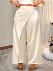 BIUBIU Luxurious Plus Size Satin Straight Leg Pants For Women Chic Asymmetrical Design, Long Length And Slight Stretch For An Elegant And Comfortable Fit - Apricot - View 1