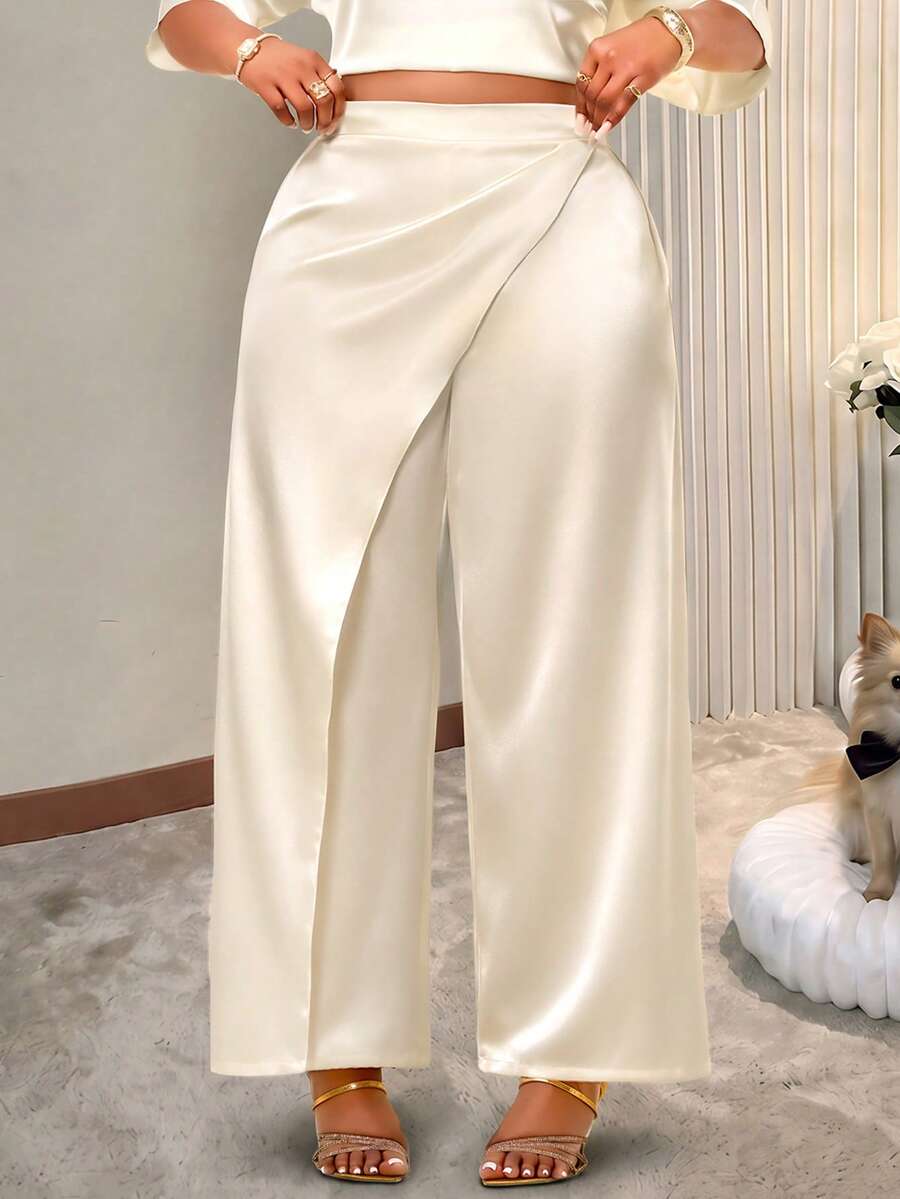 BIUBIU Luxurious Plus Size Satin Straight Leg Pants For Women Chic Asymmetrical Design, Long Length And Slight Stretch For An Elegant And Comfortable Fit - Apricot - View 1